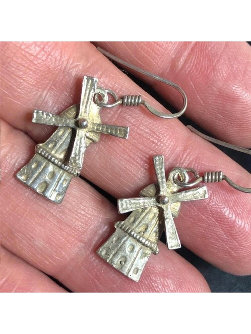 B1178 Vintage Sterling Silver Windmill articulated Dangle Earrings 4.5g